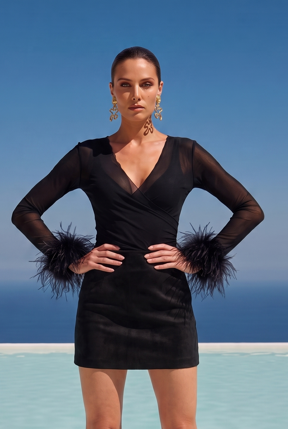 The She-Said Sheer Ostrich Feather Wrap Top in Black