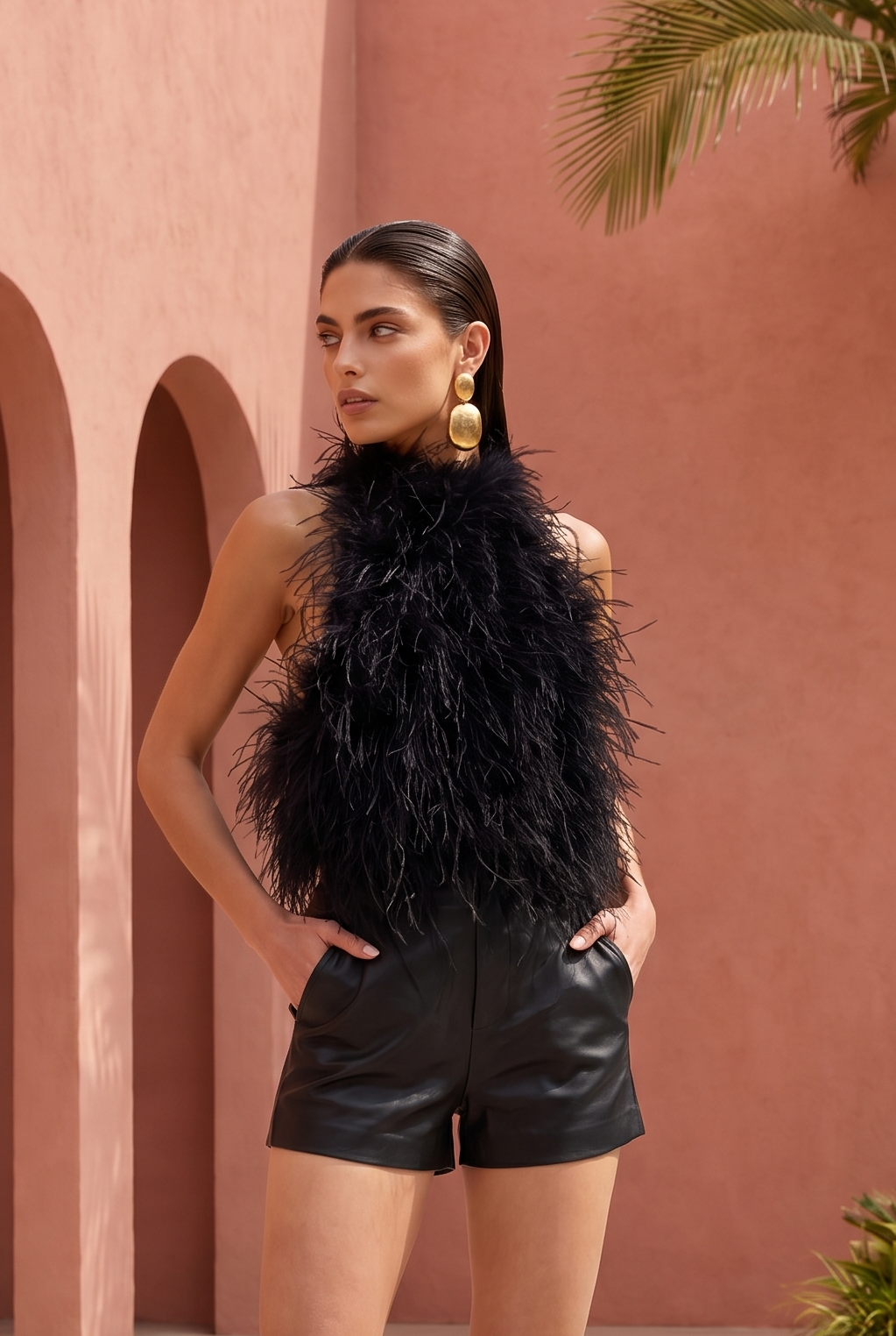 Big Dreams Ostrich Feather Halter Top in Black