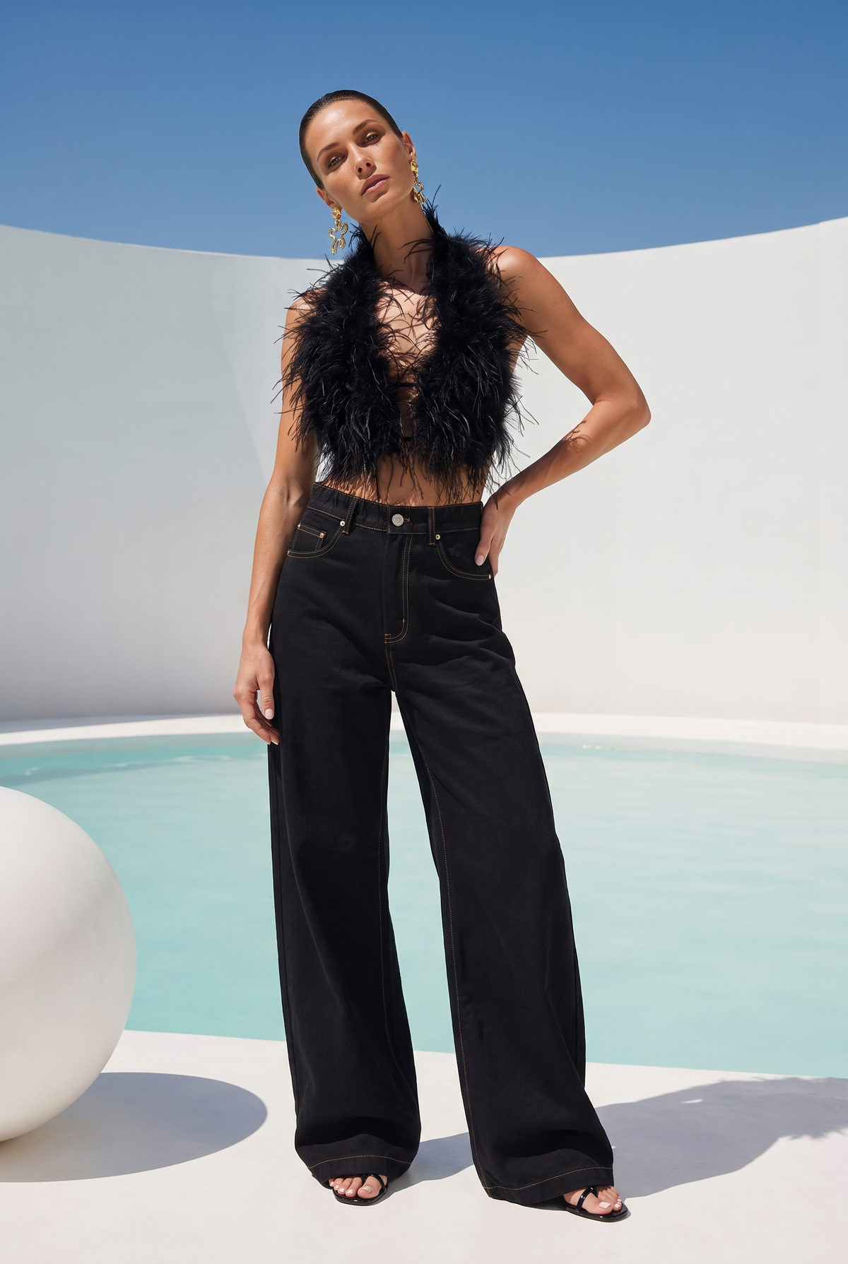 Attention is Yours Ostrich Feather Halter Top in Black