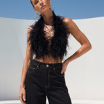 Attention is Yours Ostrich Feather Halter Top in Black
