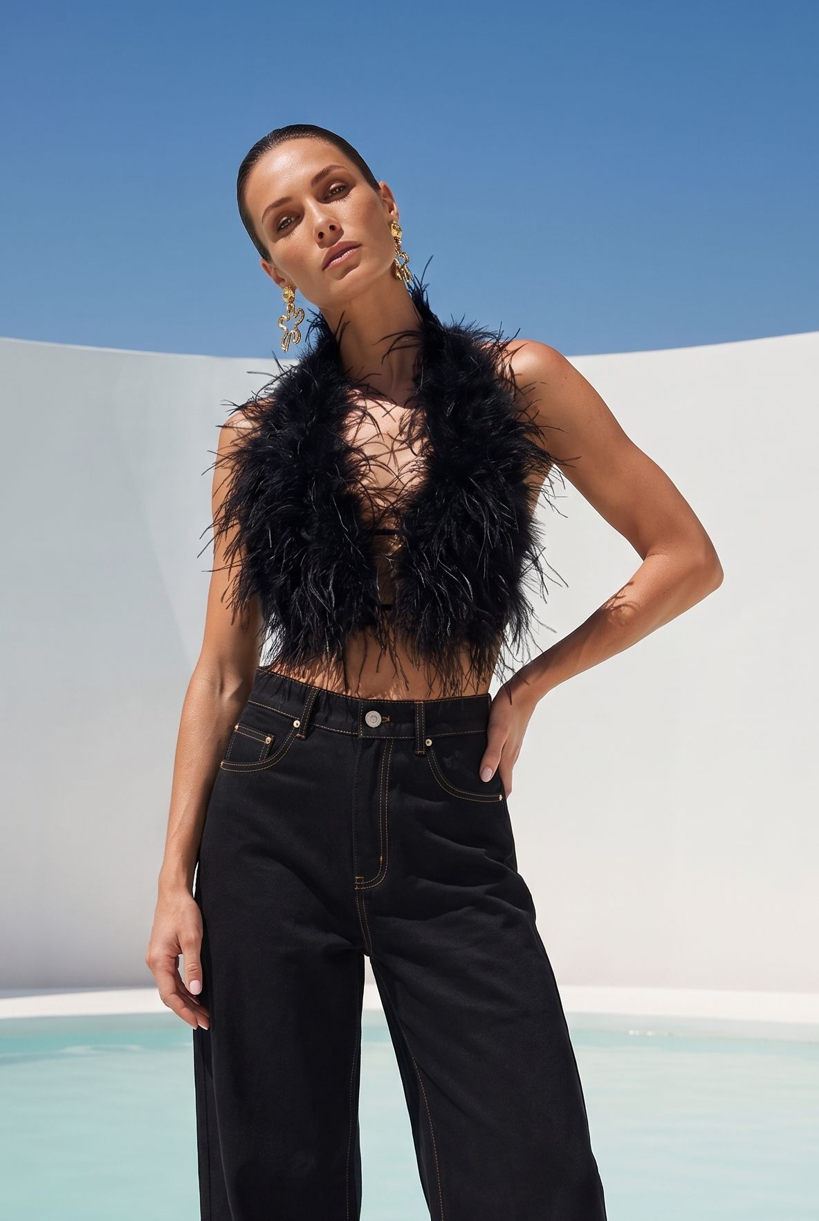 Attention is Yours Ostrich Feather Halter Top in Black