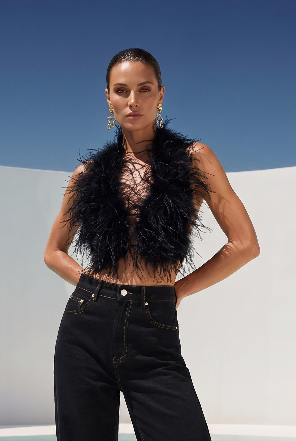 Attention is Yours Ostrich Feather Halter Top in Black