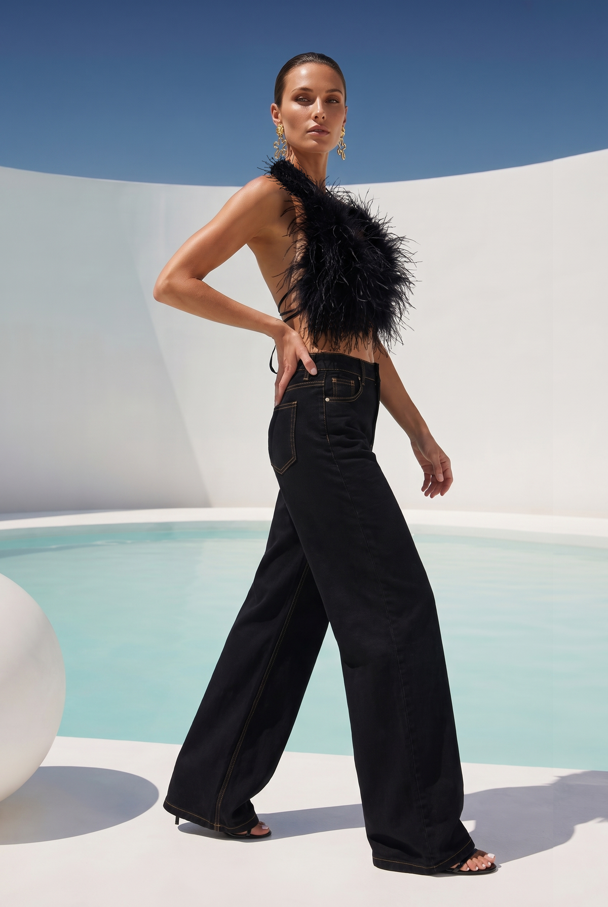 Attention is Yours Ostrich Feather Halter Top in Black