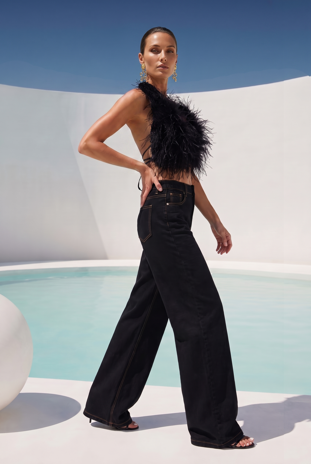 Attention is Yours Ostrich Feather Halter Top in Black