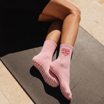 Hot Moms Do Pilates Grip Crew Socks in Pink
