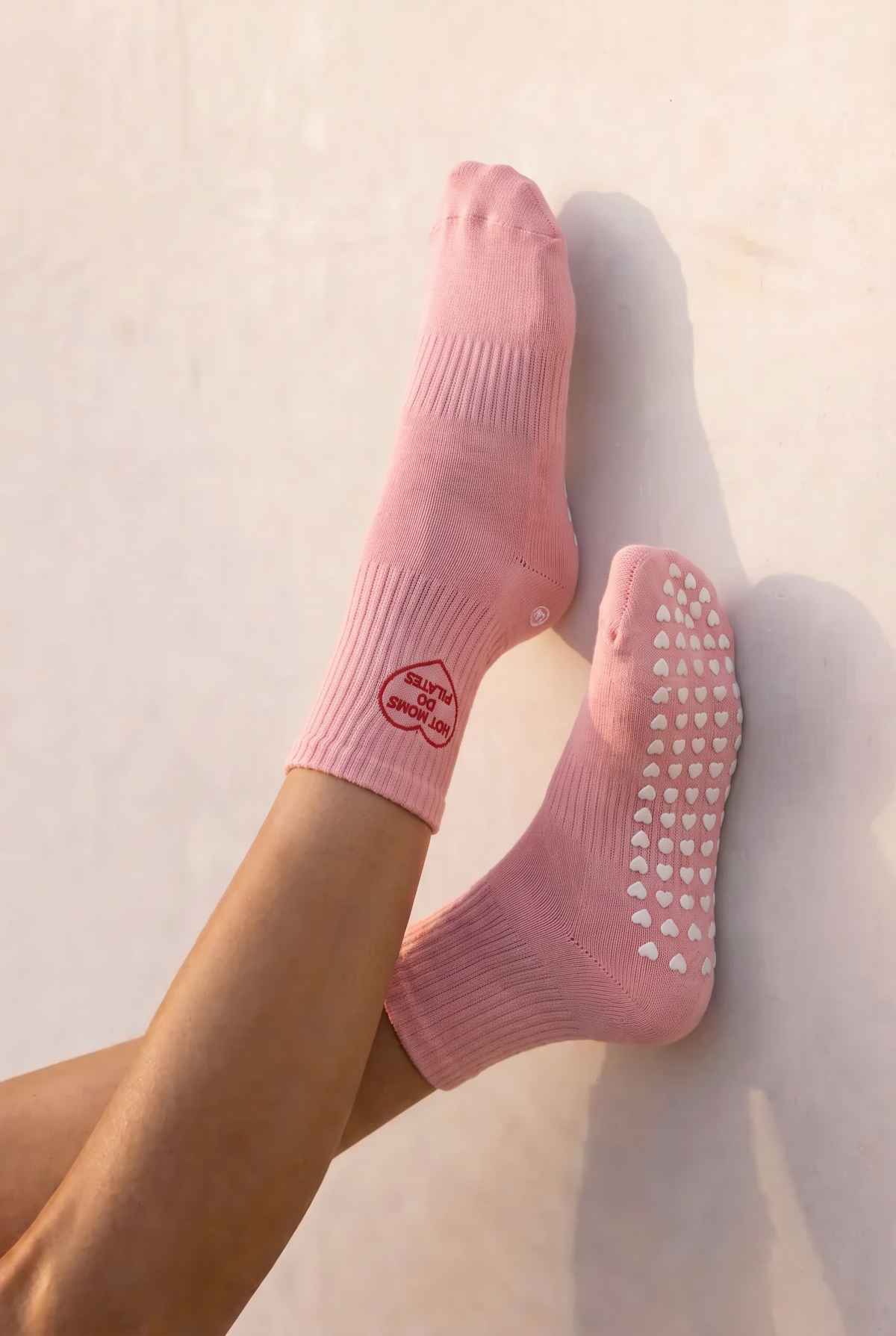 Hot Moms Do Pilates Grip Crew Socks in Pink
