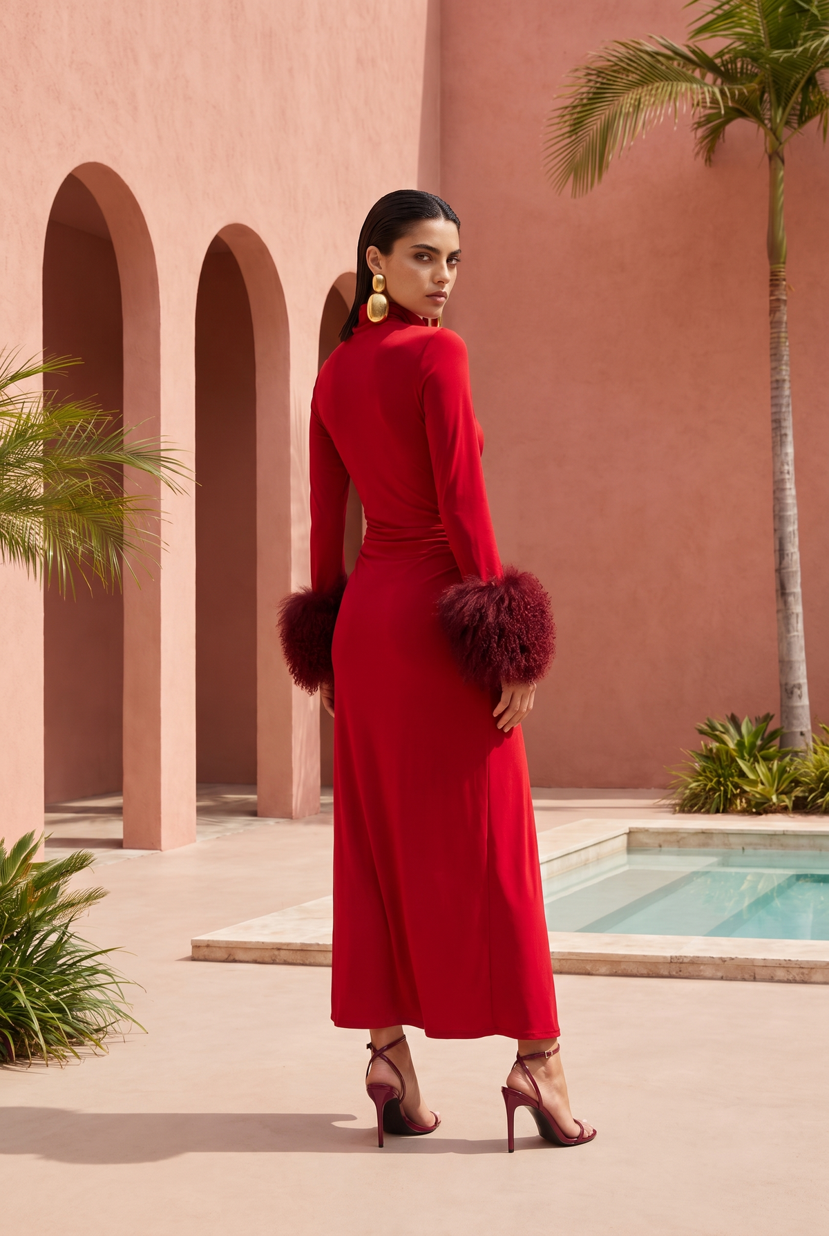 Make an Entrance Mongolian Wool Cuff Midi Dress in Red
