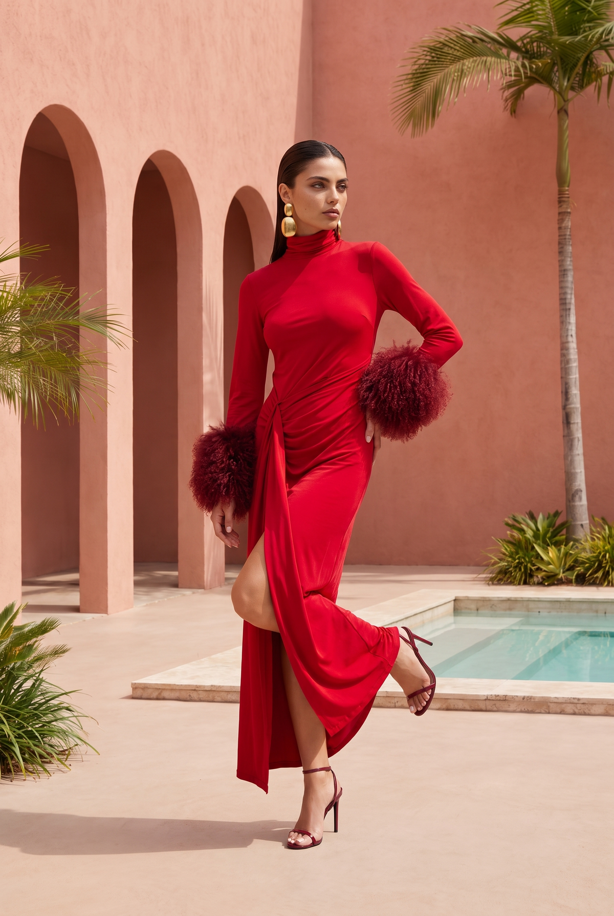 Make an Entrance Mongolian Wool Cuff Midi Dress in Red