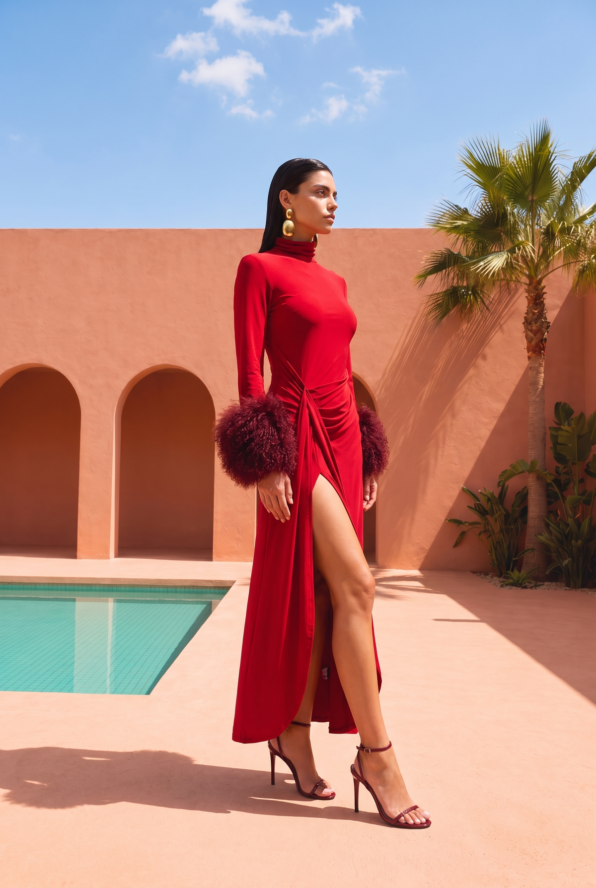 Make an Entrance Mongolian Wool Cuff Midi Dress in Red