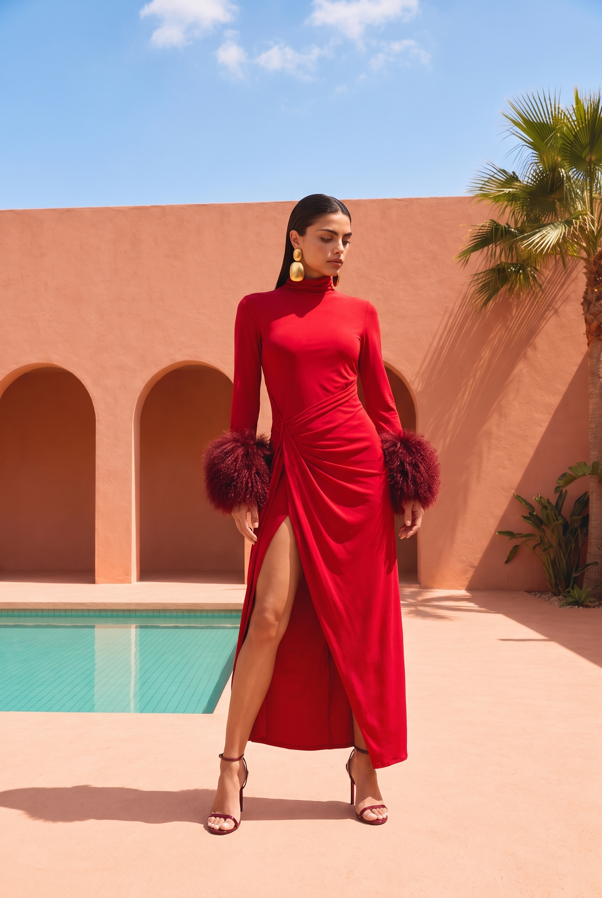 Make an Entrance Mongolian Wool Cuff Midi Dress in Red