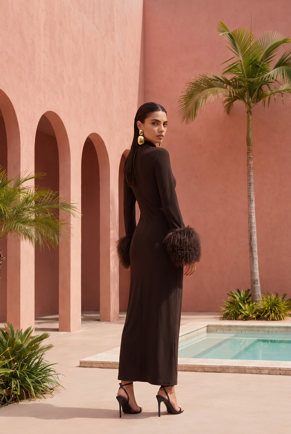 Make an Entrance Mongolian Wool Cuff Midi Dress in Brown