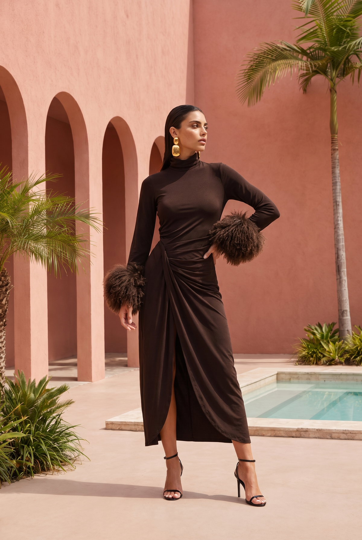 Make an Entrance Mongolian Wool Cuff Midi Dress in Brown