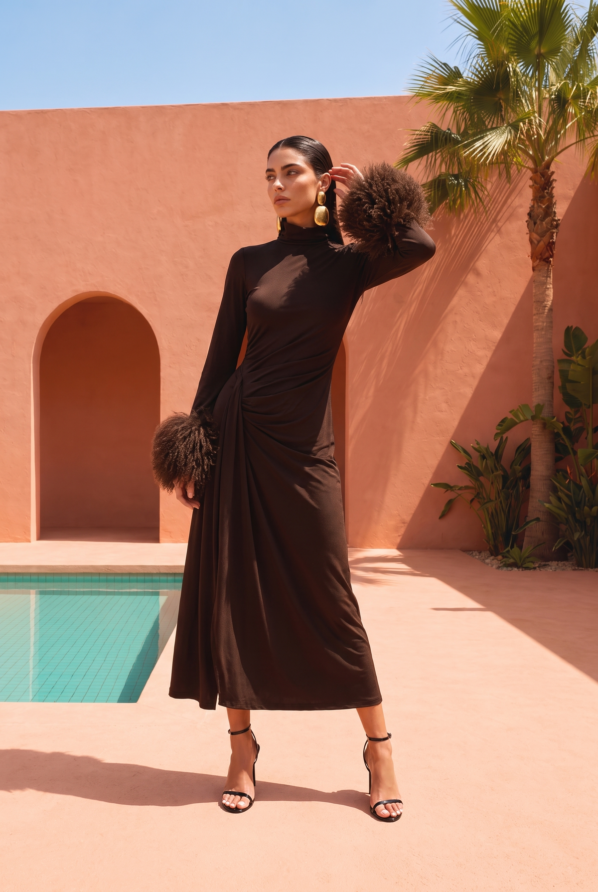 Make an Entrance Mongolian Wool Cuff Midi Dress in Brown