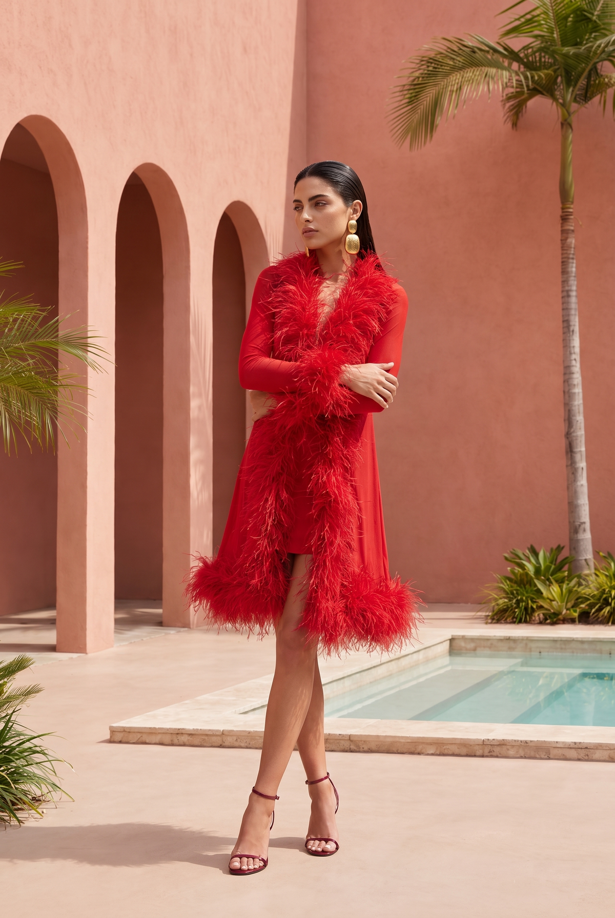 Wistful Thinking Long Sheer Ostrich Feather Coat in Red