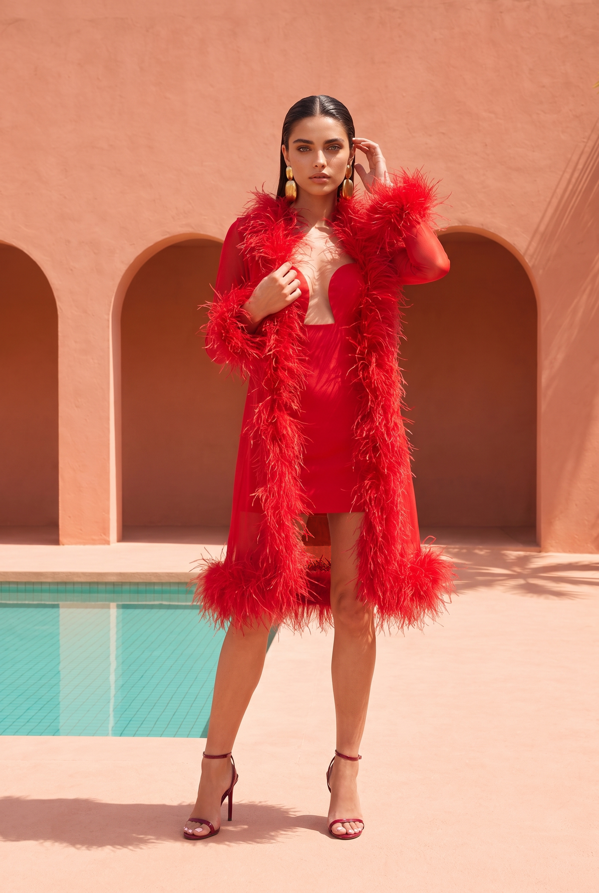 Wistful Thinking Long Sheer Ostrich Feather Coat in Red
