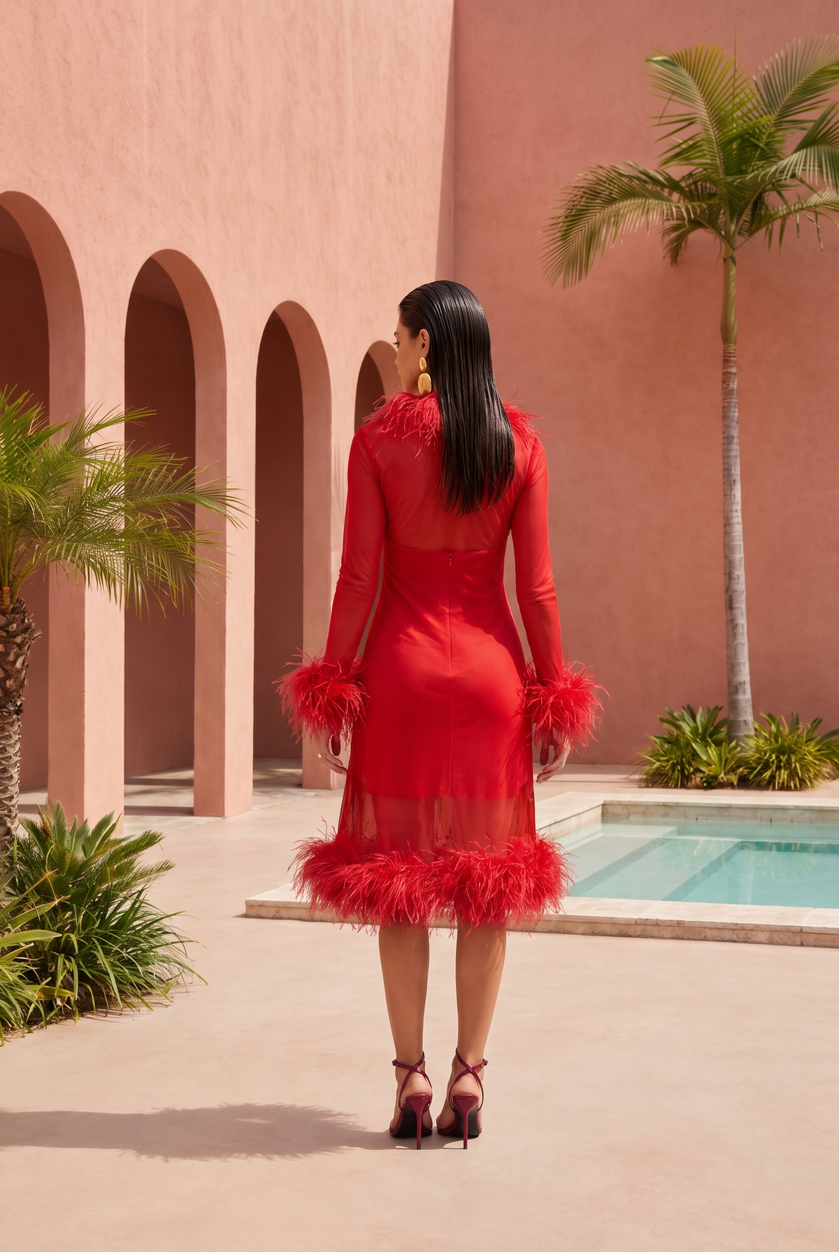 Wistful Thinking Long Sheer Ostrich Feather Coat in Red