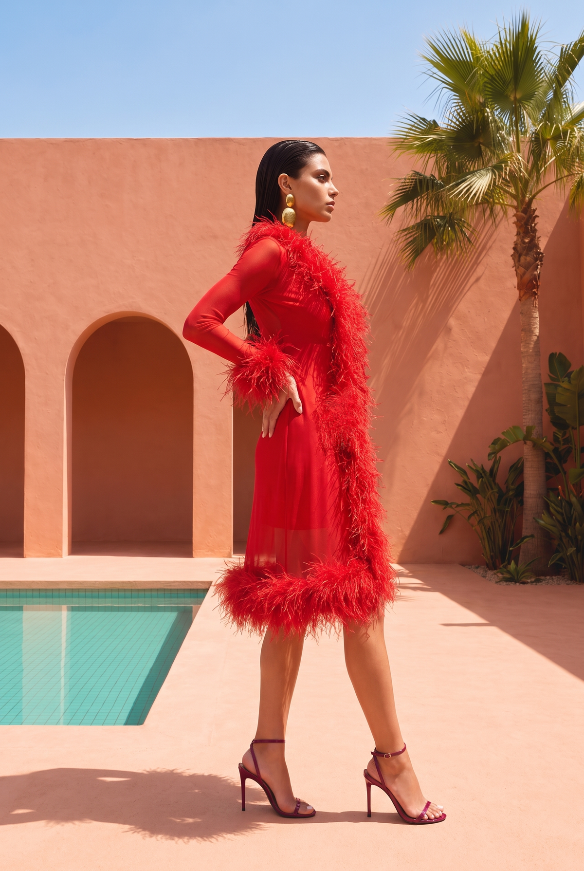 Wistful Thinking Long Sheer Ostrich Feather Coat in Red