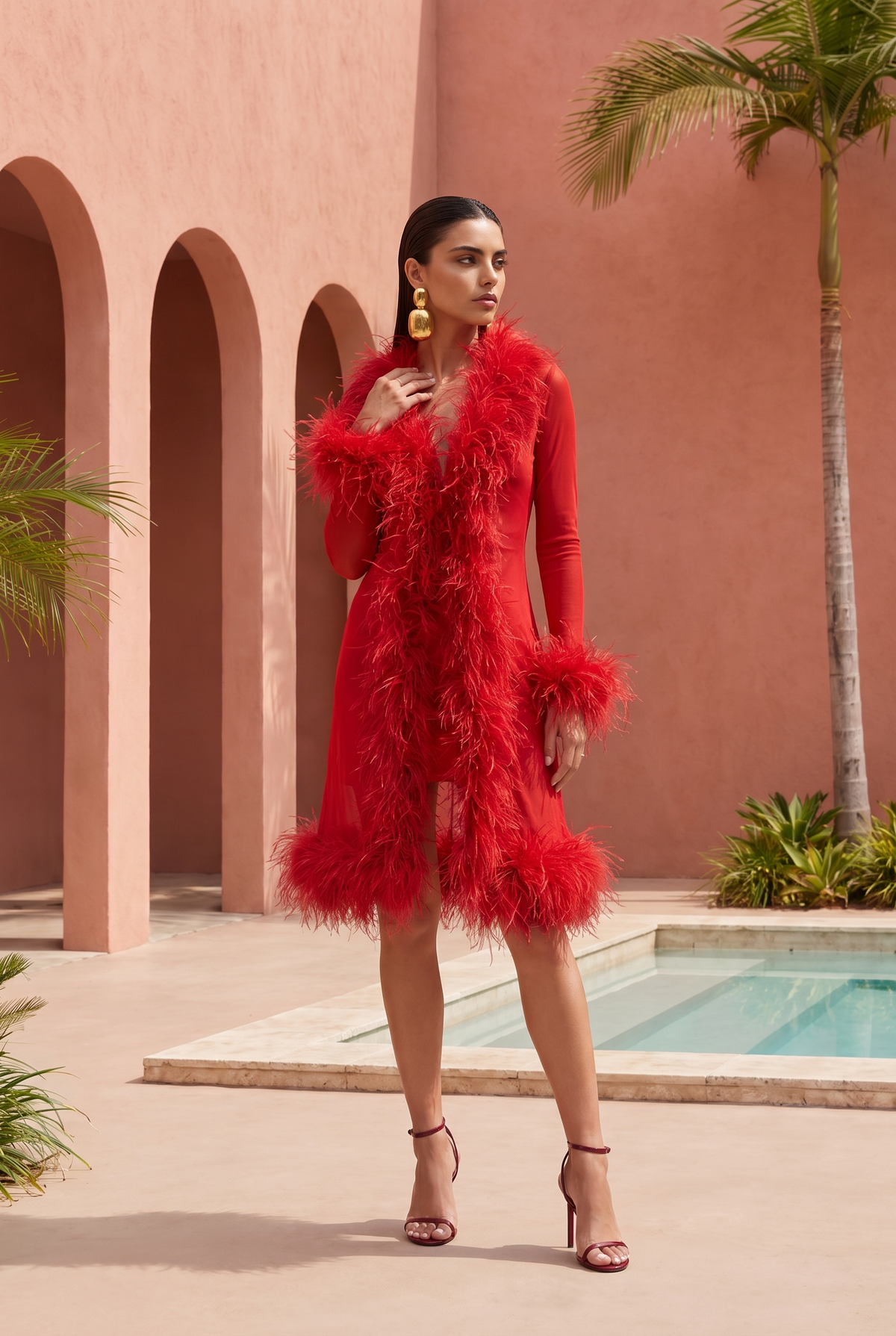Wistful Thinking Long Sheer Ostrich Feather Coat in Red
