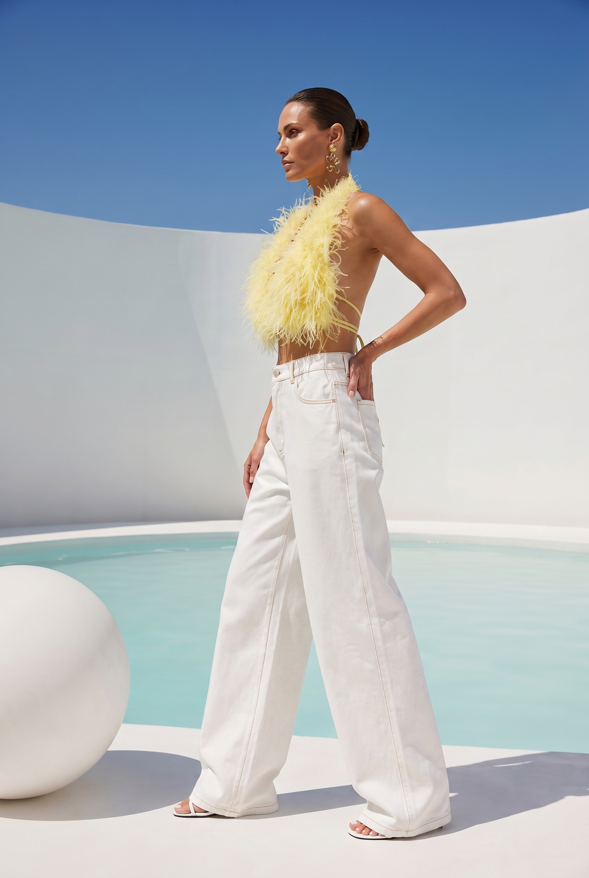 Attention is Yours Ostrich Feather Halter Top in Pale Yellow