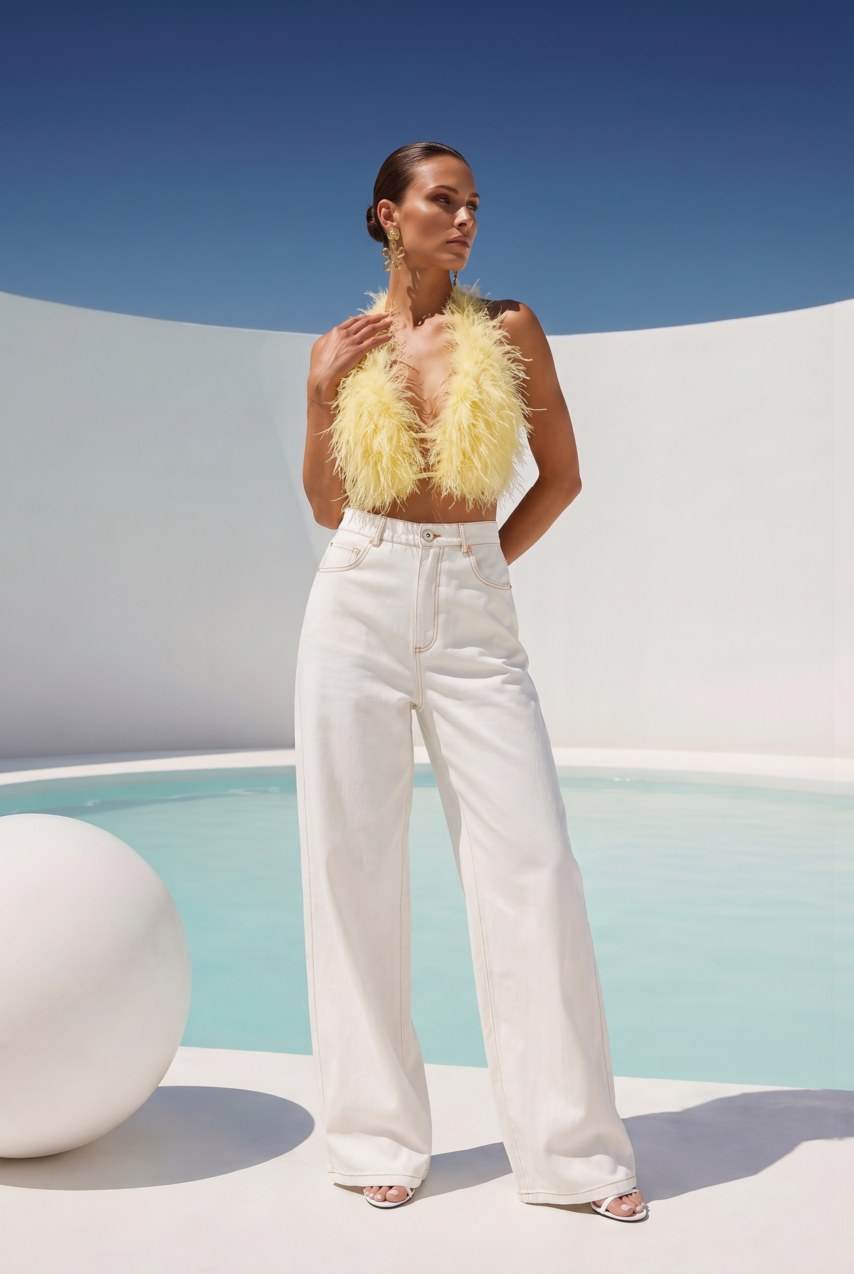 Attention is Yours Ostrich Feather Halter Top in Pale Yellow