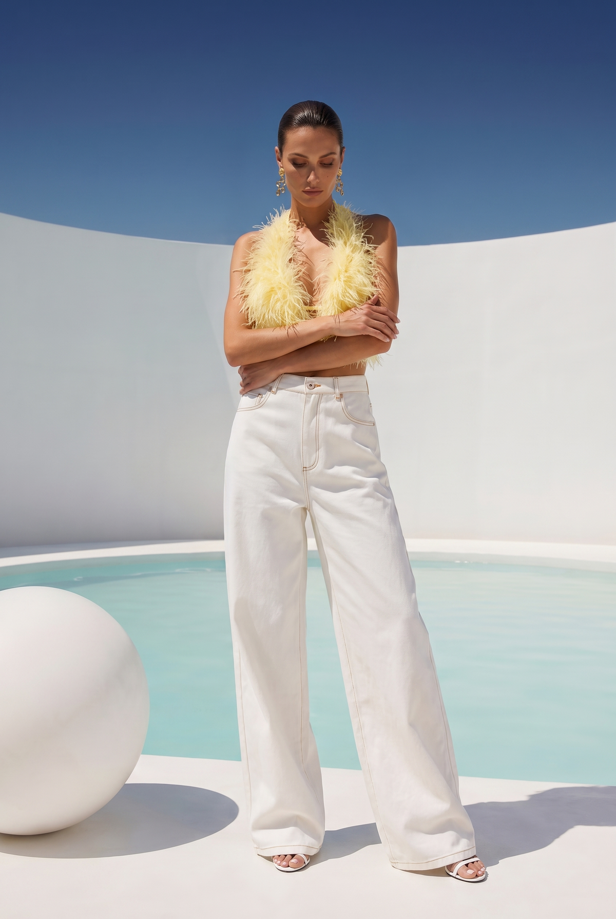 Attention is Yours Ostrich Feather Halter Top in Pale Yellow
