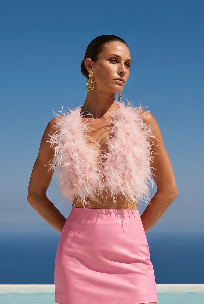Attention is Yours Ostrich Feather Halter Top in Baby Pink