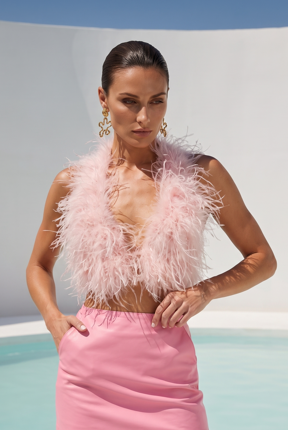 Attention is Yours Ostrich Feather Halter Top in Baby Pink