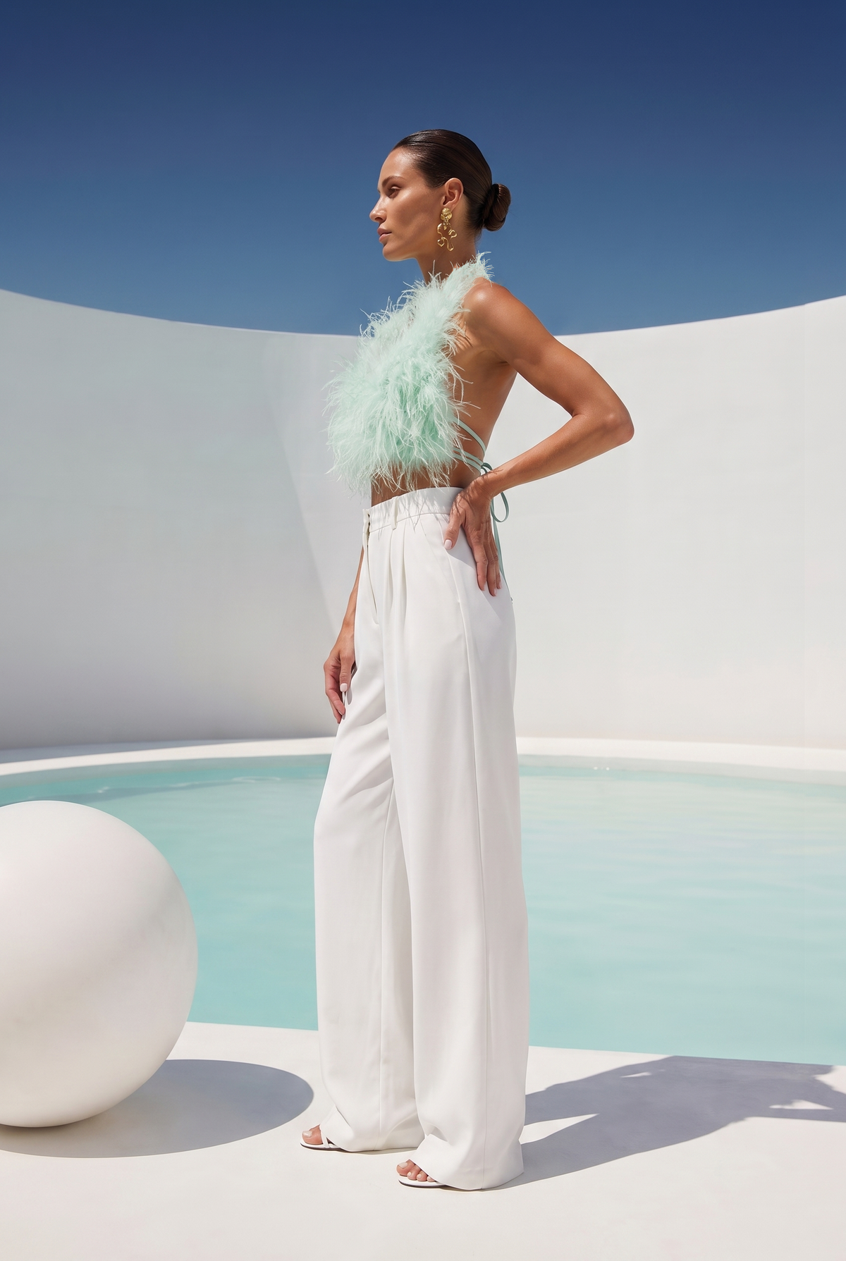 Attention is Yours Ostrich Feather Halter Top in Seafoam Green