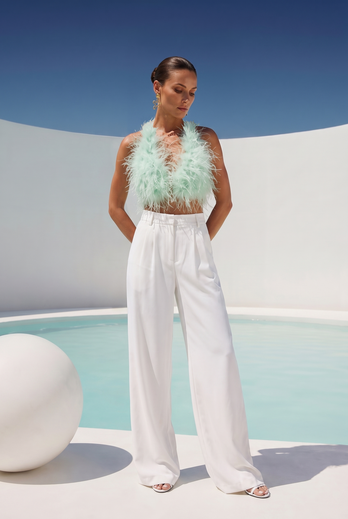 Attention is Yours Ostrich Feather Halter Top in Seafoam Green