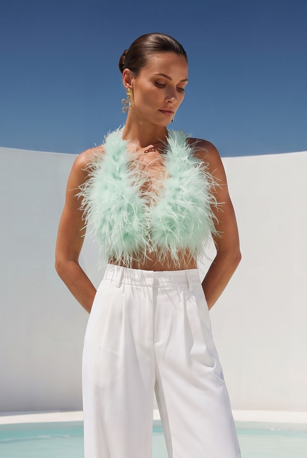 Attention is Yours Ostrich Feather Halter Top in Seafoam Green
