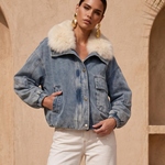 The Cold Shoulder Denim Goose Down Jacket in Blue