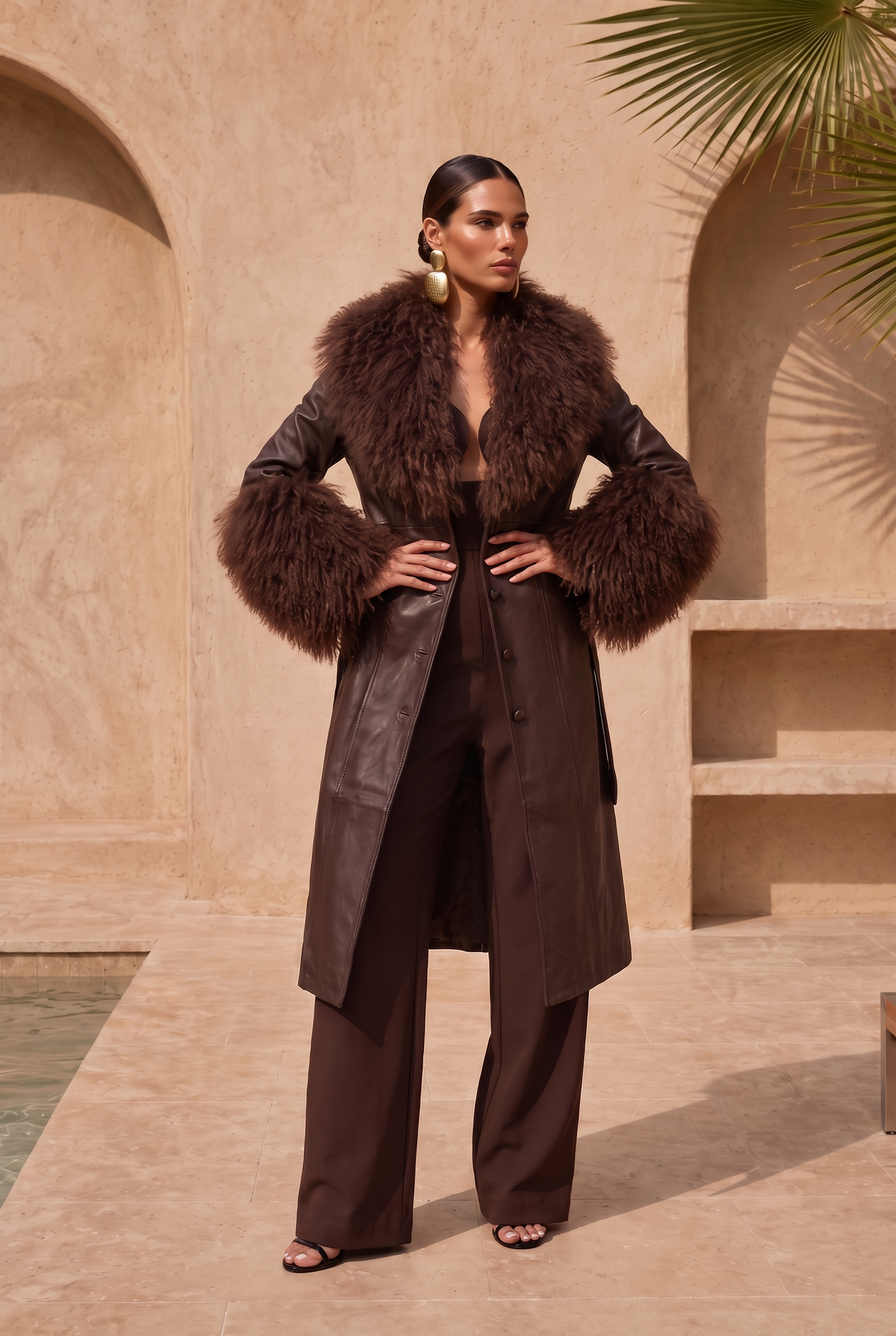 Blade Leather and  Mongolian Wool Coat in Brown