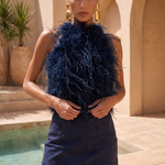 Big Dreams Ostrich Feather Halter Top in Navy Blue