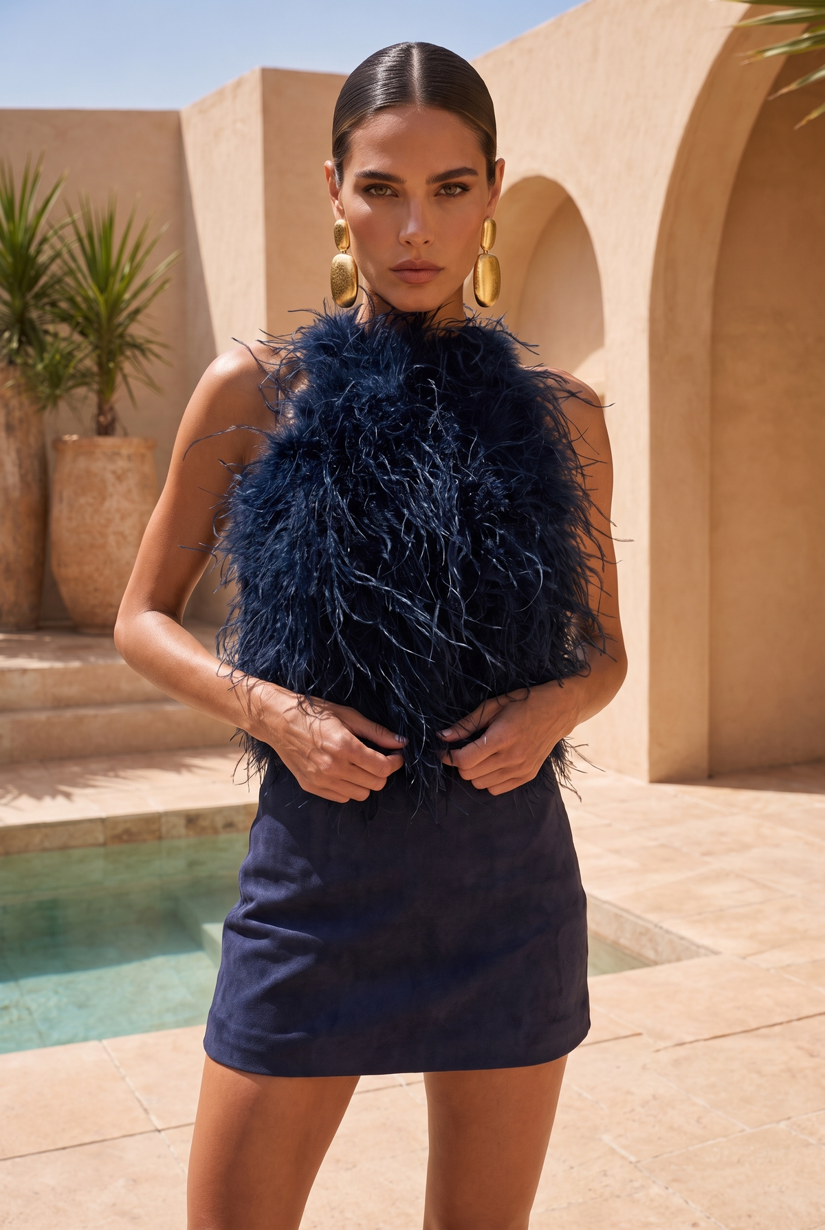 Big Dreams Ostrich Feather Halter Top in Navy Blue