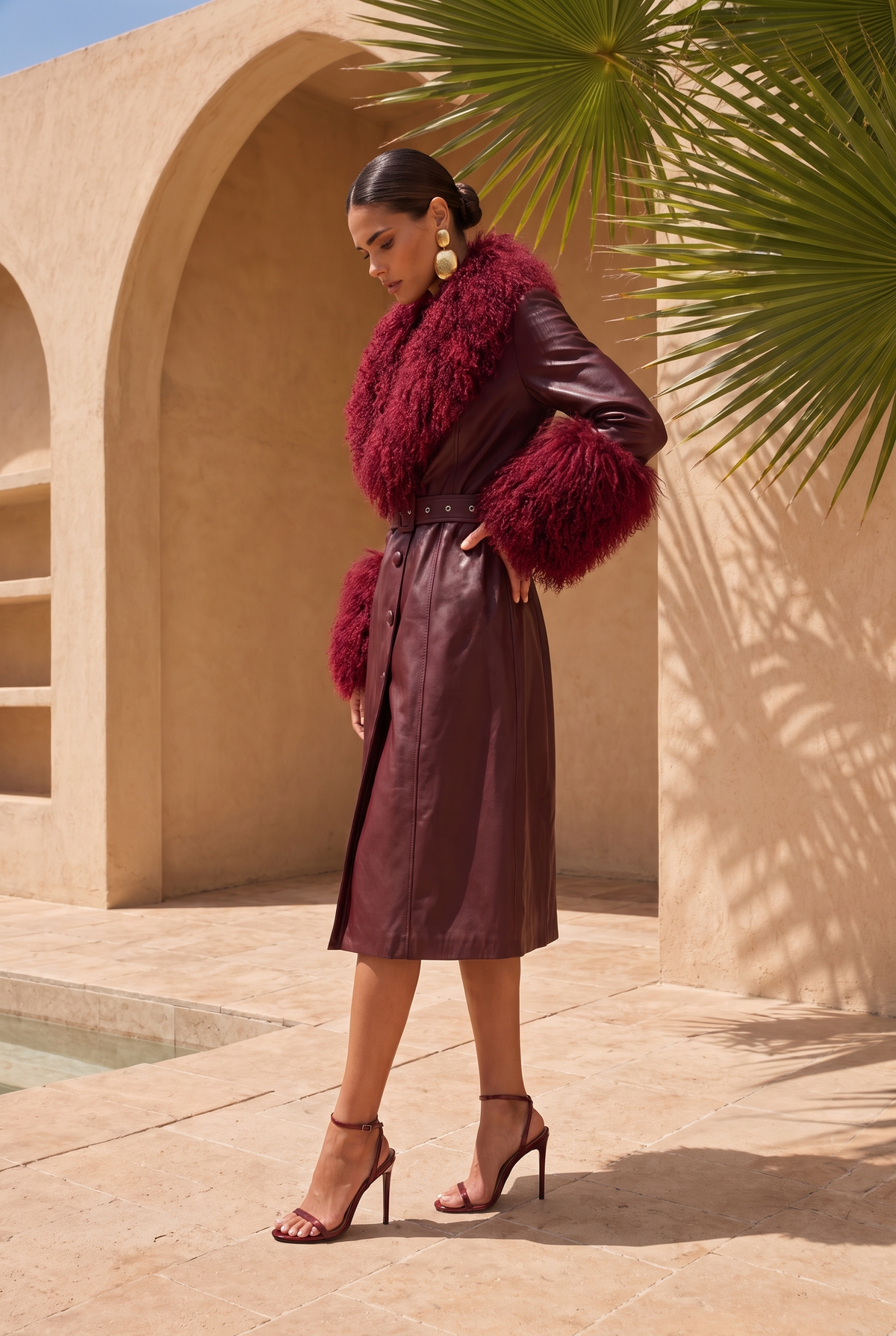 Blade Leather and  Mongolian Wool Coat in Burgundy