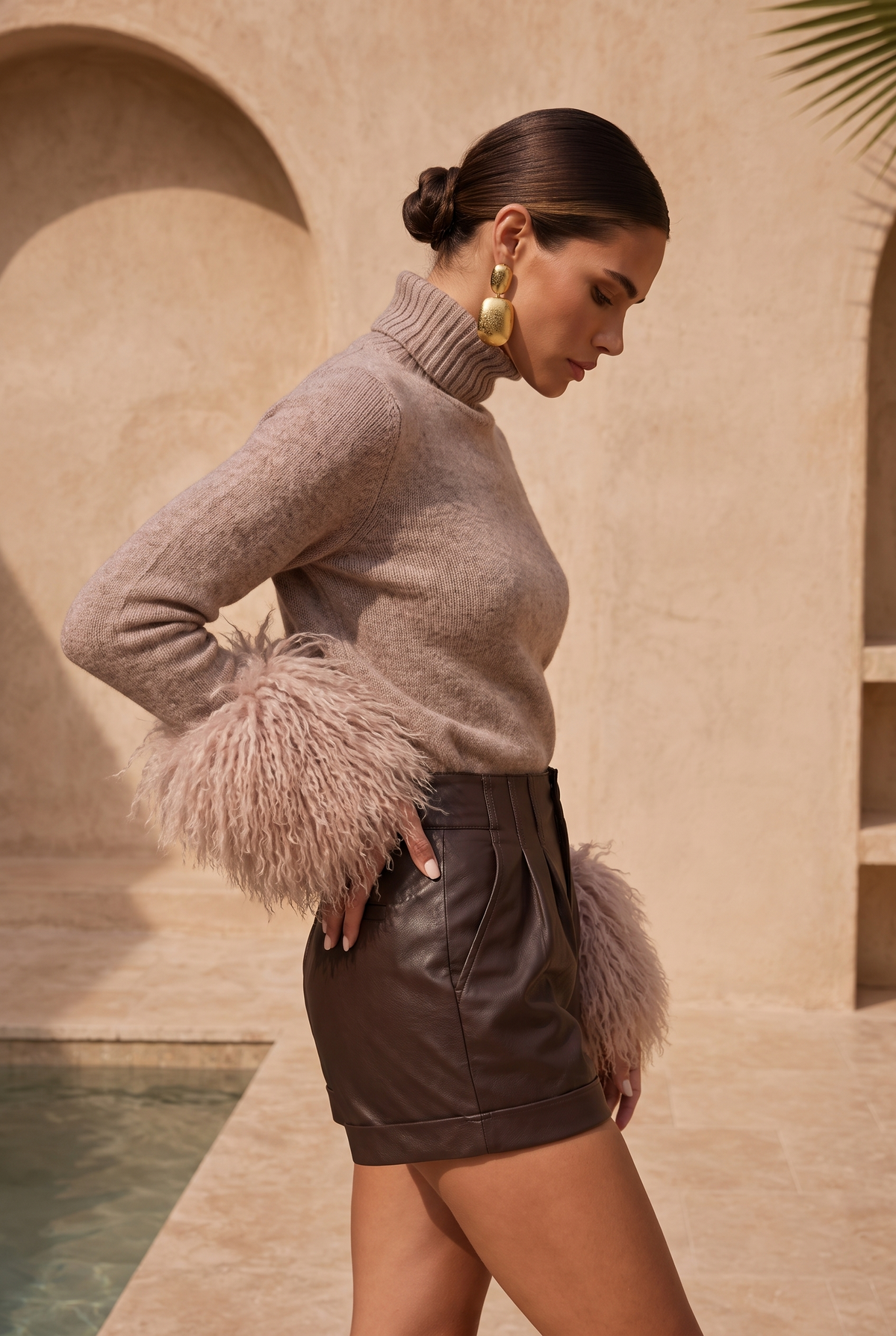 Hibernate Removable Mongolian Wool Cuff Turtleneck Sweater in Mocha