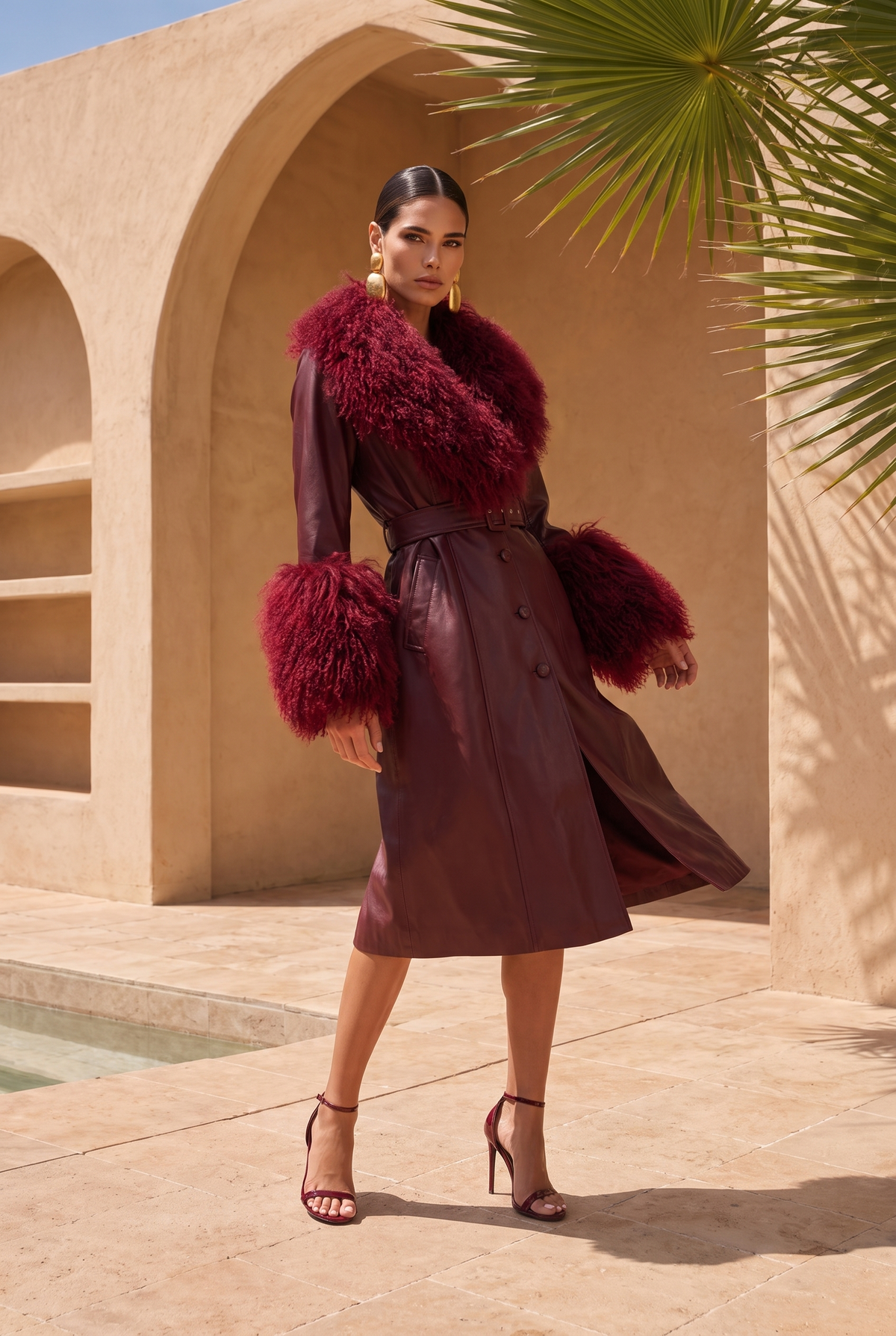 Blade Leather and  Mongolian Wool Coat in Burgundy