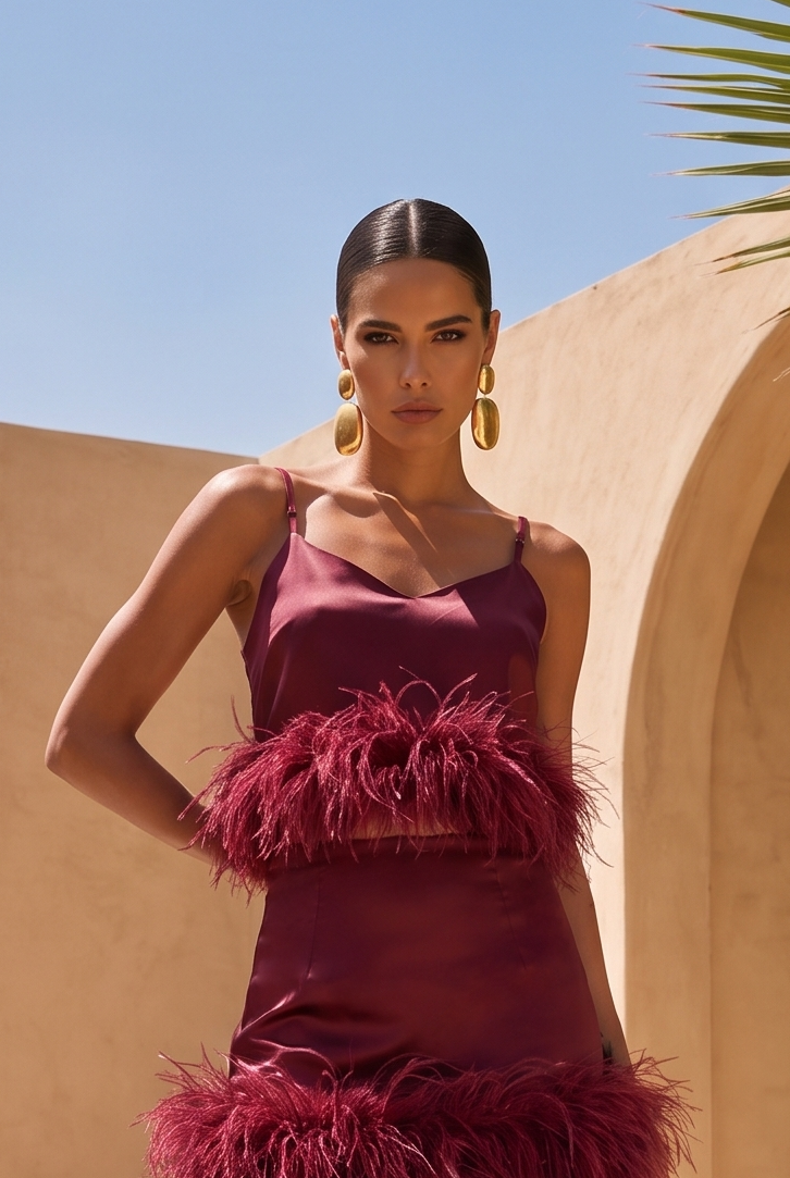 The I'm Here Feather Satin Top in Burgundy