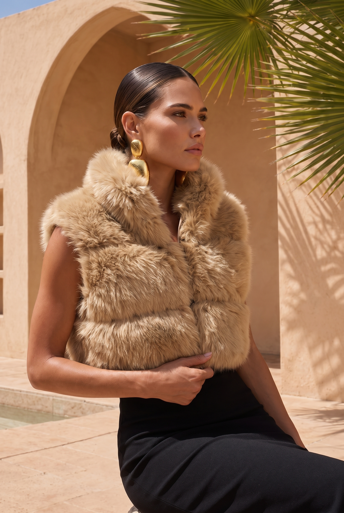 Nocturnal Nights Faux Fur Cropped Vest in Tan