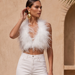 Attention is Yours Ostrich Feather Halter Top in White