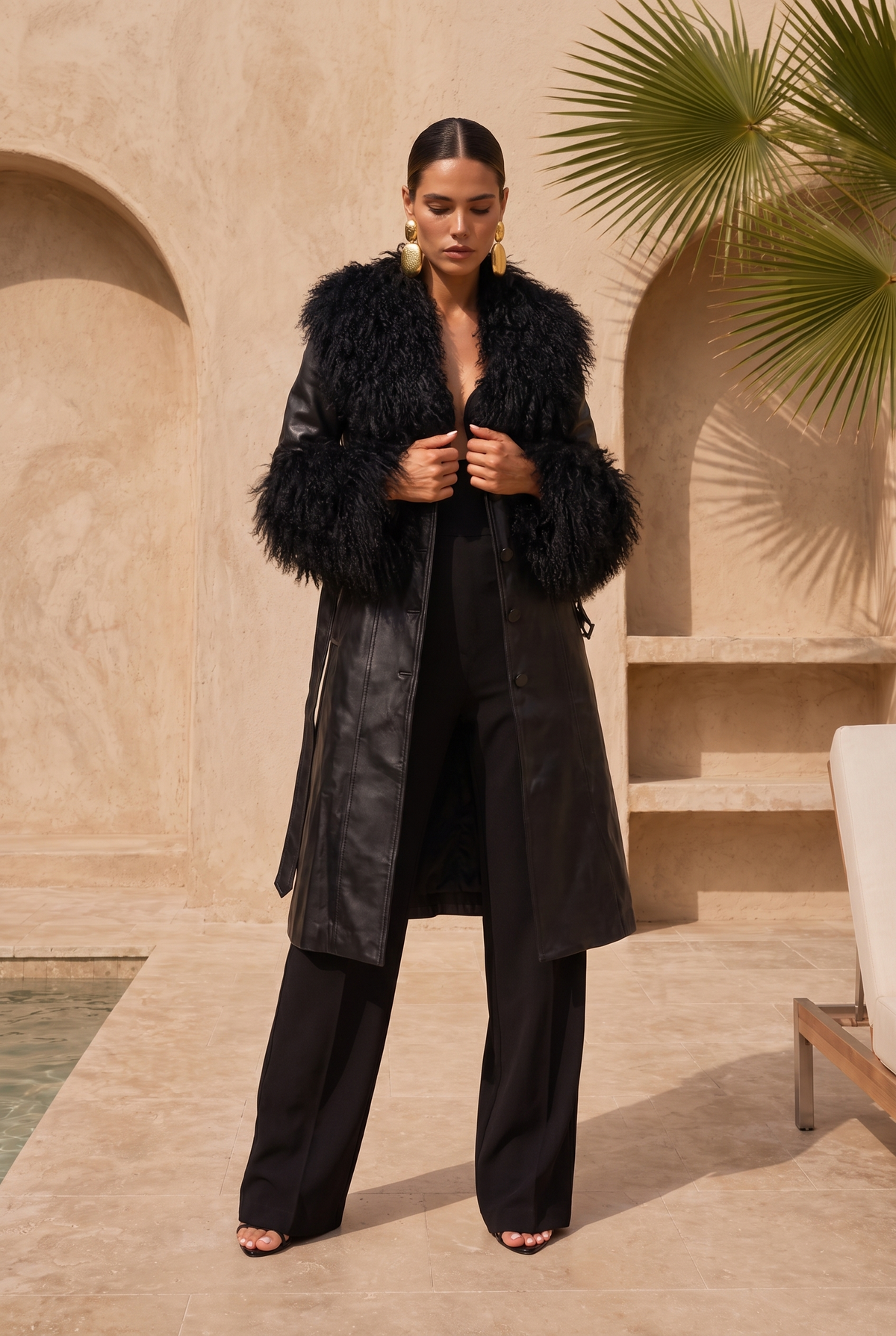 Blade Leather and  Mongolian Wool Coat in Black