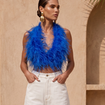 Attention is Yours Ostrich Feather Halter Top in Blue