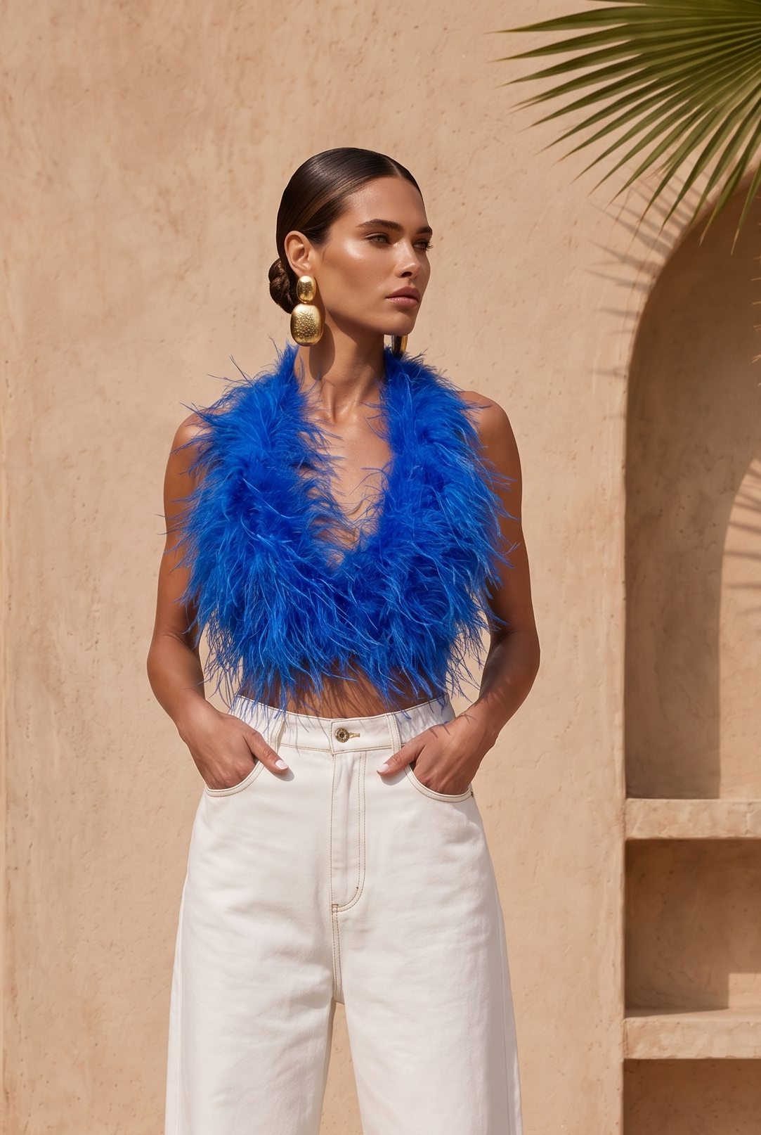 Attention is Yours Ostrich Feather Halter Top in Blue