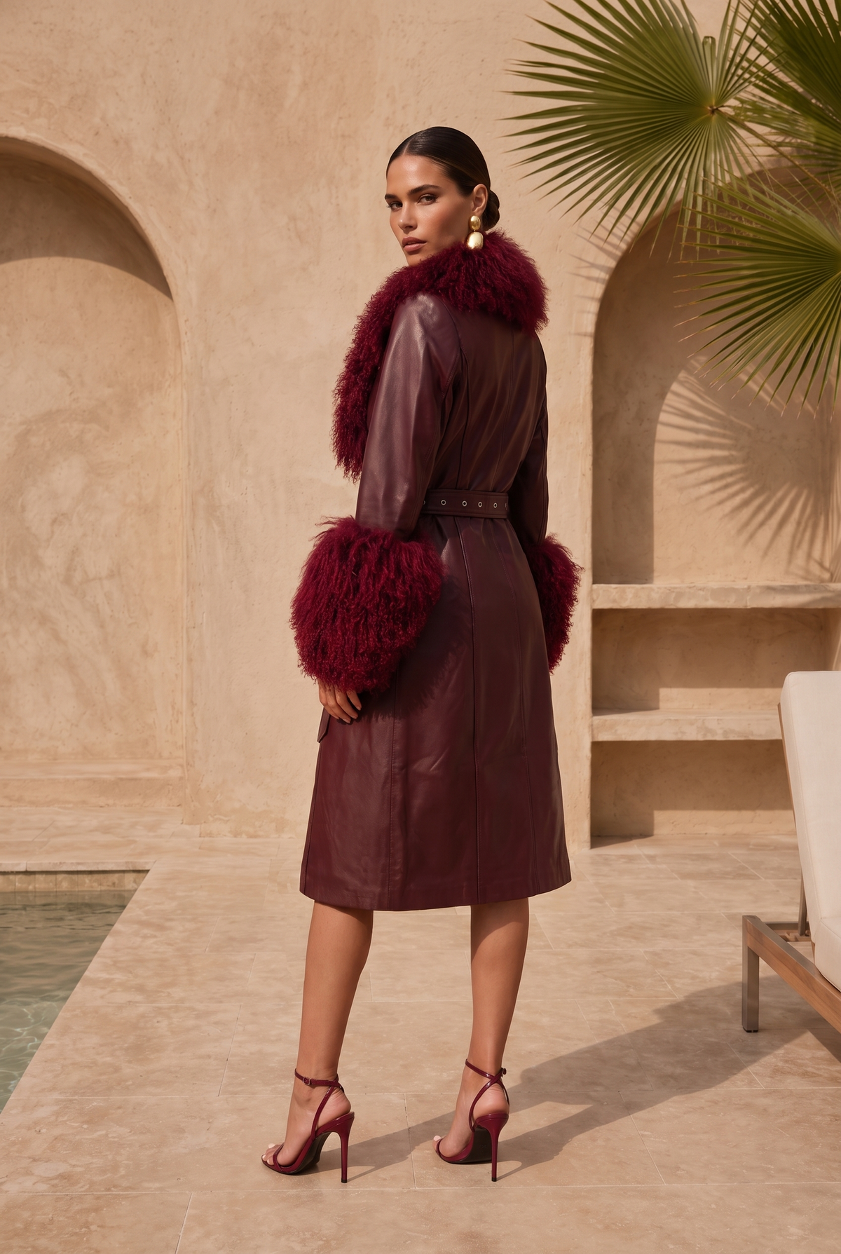 Blade Leather and  Mongolian Wool Coat in Burgundy