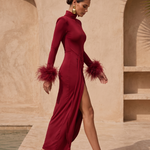 Make an Entrance Ostrich Feather Cuff Midi Dress in Burgundy