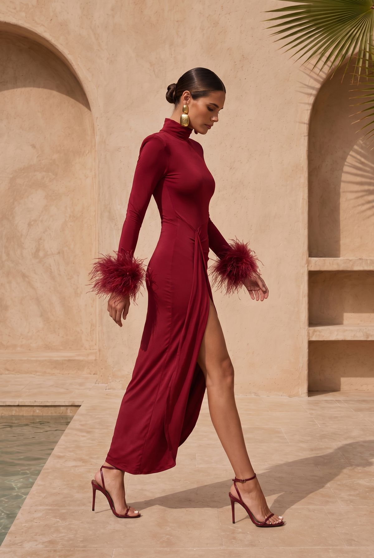 Make an Entrance Ostrich Feather Cuff Midi Dress in Burgundy