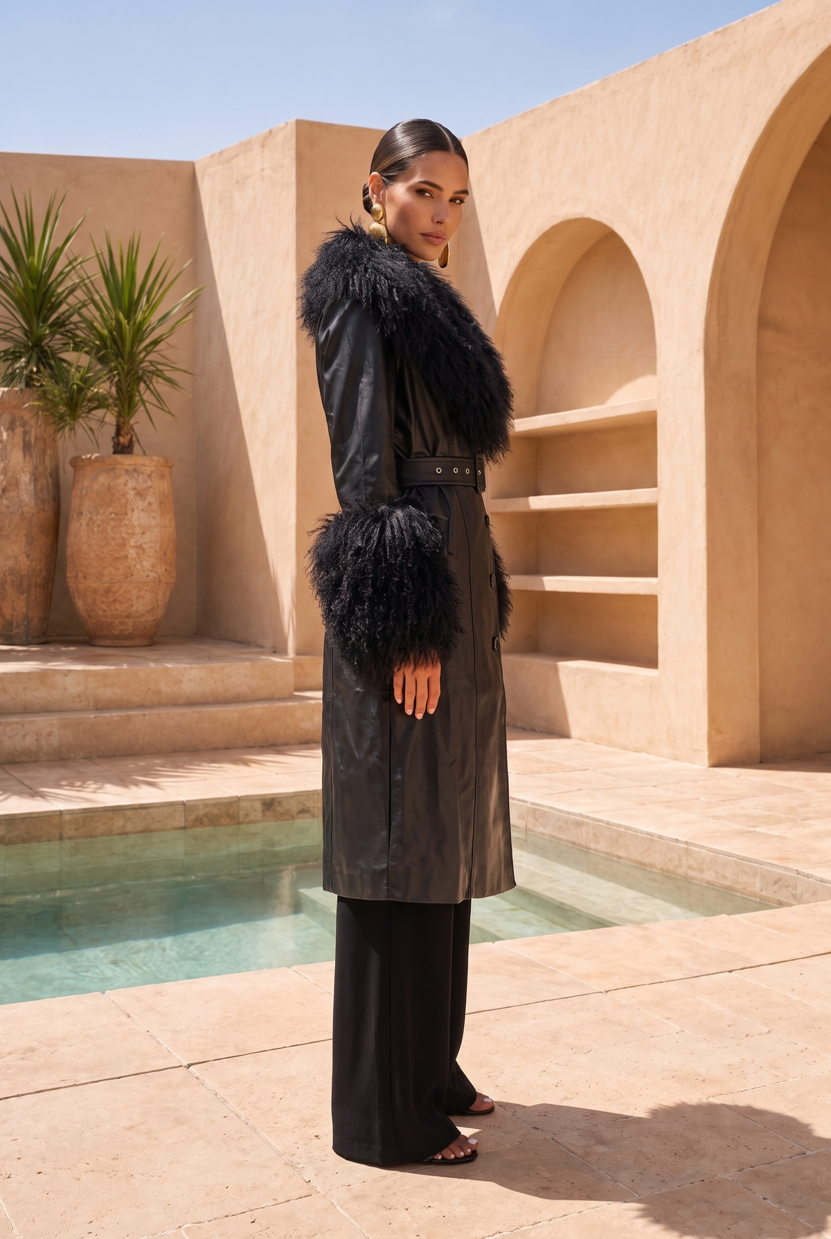 Blade Leather and  Mongolian Wool Coat in Black