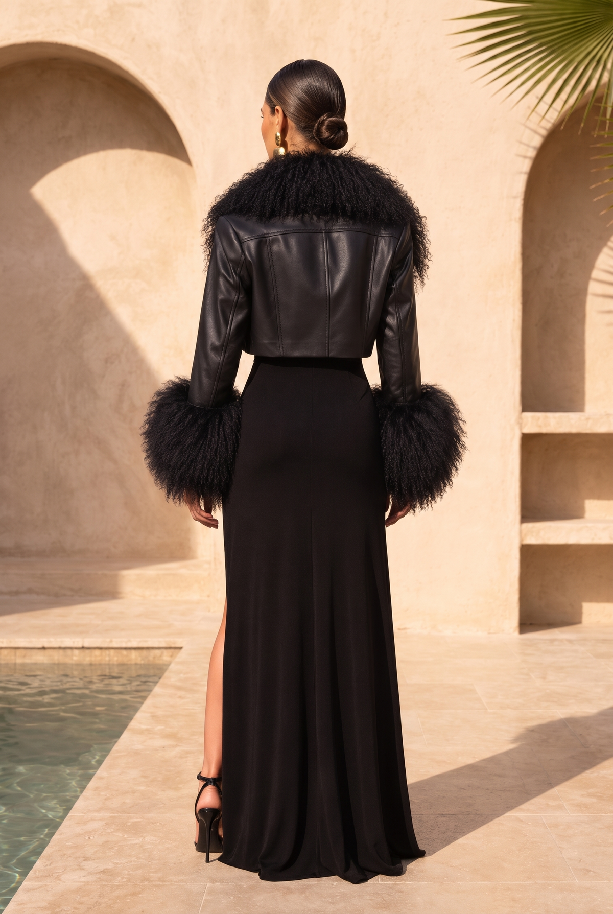 Awaken Leather and  Mongolian Wool Cropped Jacket in Black