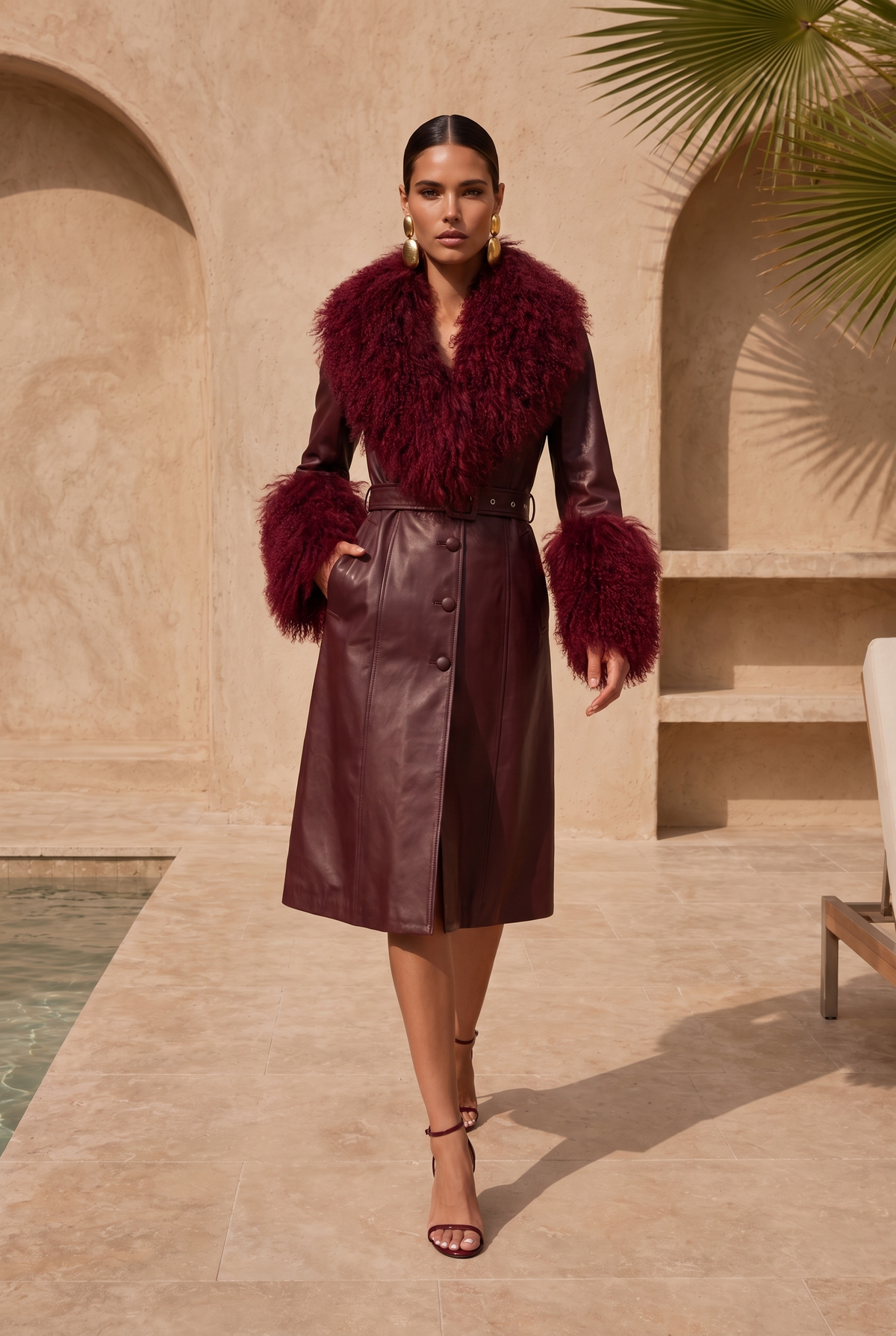Blade Leather and  Mongolian Wool Coat in Burgundy