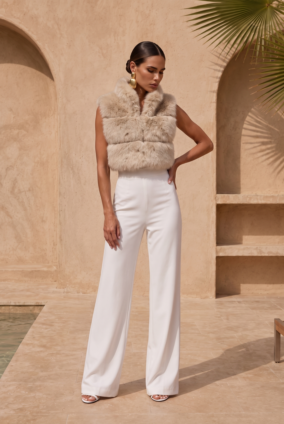 Nocturnal Nights Faux Fur Cropped Vest in Beige